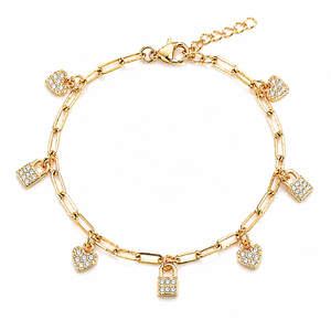 Rose <b>Gold</b> Plated Bracelet Adjustable Chain <b>Bangle</b> Heart & Lock Charm Moissanite Pendant Jewelry for Women - Product Image 4