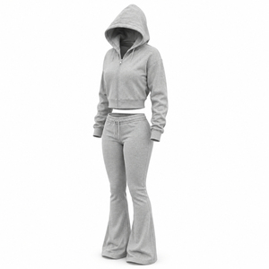 Factory Price Unisex Flare <b>Tracksuit</b> Trendy <b>Y2K</b> Cropped Zip Hoodie Flare Leg Pants Set Eco-Friendly 100% Cotton Wholesale - Product Image 6