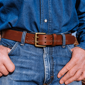 Cinturón de Cuero Genuino Color Cognac Marrón Personalizado al por Mayor para Hombre con Hebilla de Doble Punta de Aleación Dorada Antigua, Estilo Casual Vintage Occidental - Product Image 4