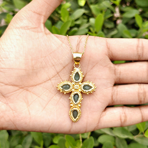 Collar de moda con cruz, delicado colgante en forma de pera de calcedonia aguamarina, chapado en oro, con cuentas, joyería cristiana de diseño. - Product Image 6