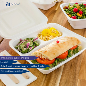 Eco Minded 8x8 3CP Bagasse Clamshell Tray Biodegradable <b>Disposable</b> Hinged Container For Modern Food Delivery Services - Product Image 2