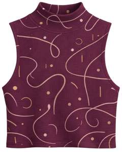 เสื้อครอปแขนกุดคอสูงสีแดงไวน์แบบมีริ้ว แต่งลายเส้นนามธรรม ทรงเข้ารูป ยืดหยุ่นได้ แฟชั่นสำหรับผู้หญิง - Product Image 1