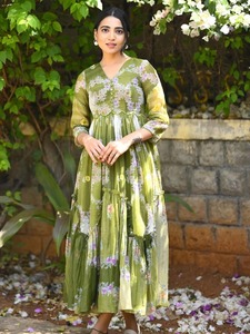 Vestido Maxi Boho con Estampado Floral Verde, Cuello en V, Manga Tres Cuartos, Corte en A, Holgado, de Chifón, Informal, para Verano - Product Image 2