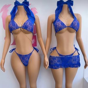 Ensemble de bikini en dentelle pour femmes, trois pièces, dentelle florale transparente, maillot de bain triangle, vacances à la plage, mode estivale - Product Image 4