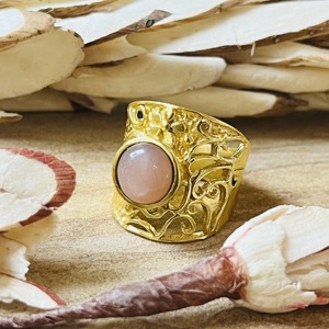 Hot Selling Peach Moonstone Brass <b>Ring</b> 18k Gold Plated Filigree Texture Floral <b>Ring</b> <b>Statement</b> Chunky Wholesale <b>Ring</b> For Women - Product Image 5
