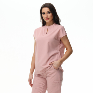 Women Pink <b>Scrub</b> <b>Top</b> With Notched Collar And Pockets Hospital Uniform Blouse - Product Image 1