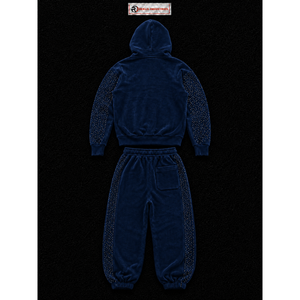 Conjunto de chándal de terciopelo azul marino para mujer, con sudadera con cremallera completa, pantalones de pierna ancha, dos piezas, con pedrería, estilo casual urbano, para correr - Product Image 6