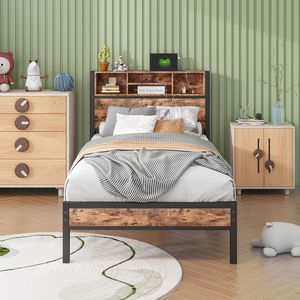 <b>Twin</b> Size Metal <b>Bed</b> <b>Frame</b> with Storage Headboard Charging Station & Bookcase No Box Spring Needed - Product Image 2