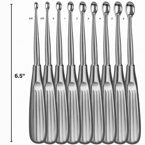 Juego de 9 curetas Spratt Brun para huesos, 6.5 pulgadas, copas ovaladas rectas, tamaño 3/06, mango hueco, acero inoxidable, manual, certificado CE - Product Image 2