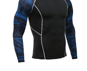 Chemise de compression pour homme à manches longues, noire et bleue, imprimé géométrique, séchage rapide, en spandex et polyester - Product Image 3