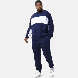 Survêtement pour homme bleu marine à blocs de couleur, col rond, manches longues, coupe décontractée, avec poches latérales, vêtement d'automne, 100% coton - Product Image 5