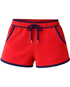 Shorts en molleton de coton personnalisés pour femmes, rouge et bleu marine contrastés, taille élastique, décontractés, pour l'été, sport et détente, fabricant - Product Image 1