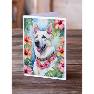 Whimsical A7 Tamaño 5x7 Tarjetas de nota en blanco Paquete de 8 tarjetas de felicitación Luau de Pastor Alemán blanco con sobres - Product Image 2