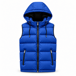 Gilet matelassé à capuche bleu pour homme, coupe régulière, sans manches, fermeture éclair, extérieur en polyester, marque SOMBRERO SPORTS - Product Image 1