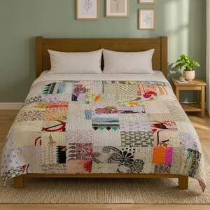 Indian Handstitched Silk Patchwork Kantha <b>Quilt</b> Hippie Bedding Bedspread - Product Image 1