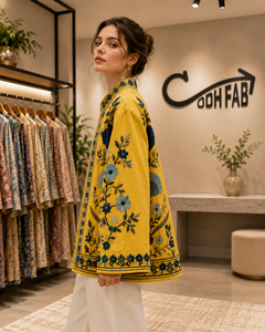 Abrigo de punto floral Suzani amarillo bordado de algodón de secado rápido para mujer, talla grande, sin costuras, con cuello alto, informal, para otoño e invierno - Product Image 4