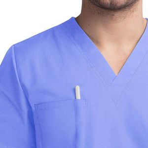 Men's Blue Scrub Set Polyester Rayon Spandex Woven Hospital Uniform V-Neck <b>Top</b> Pants Seamless Fusing Needle Detection - Product Image 6