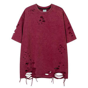 เสื้อยืดวินเทจสำหรับผู้ชาย สีเบอร์กันดี ทรงโอเวอร์ไซส์ ผ้าฝ้ายขาดๆ แขนสั้น เสื้อผ้าสตรีทแวร์ผ้าฝ้ายขาดๆ - Product Image 3