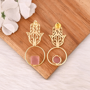 Elegant Pink <b>Cat's</b> Eye Gemstone <b>Earrings</b> Gold Plated Brass Fashion Jewelry for Women - Product Image 5