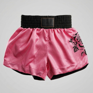 Shorts de Muay Thai pour femmes avec imprimé rose personnalisé, short de kickboxing en satin rose, vente en gros, logo personnalisé, shorts de combat MMA floraux - Product Image 1