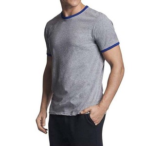 T-shirt Ringer Gris avec Bordure Bleue pour Homme, Grande Taille, Coupe Slim Personnalisée, 100% Coton, Col Rond, Manches Courtes, Décontracté - Product Image 1