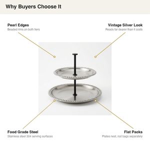 Support à perles à deux niveaux en acier satiné brossé SS304 fait main, 25 cm, bords perlés, élégant, pour décoration intérieure, hôtel, mariage, vaisselle Sabza - Product Image 5