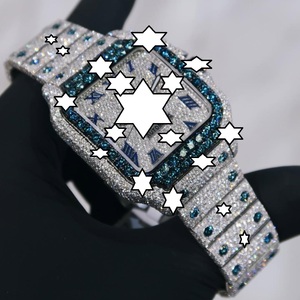 Montre automatique carrée de luxe pour hommes en acier inoxydable bleu avec bracelet incrusté de diamants et cadran en cristal saphir, affichage analogique - Product Image 1