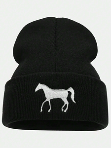 Gorro unisex bordado con diseño de caballo, 56-58 cm, gorro de punto informal para invierno, negro, blanco, gris, gorro para adultos, gorros para hombre - Product Image 4