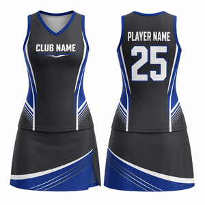 MEGAMAPLE Uniforme de netball sans manches personnalisé pour femmes, bleu noir, impression par sublimation, respirant, 100% polyester, robe sans couture - Product Image 1