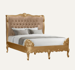 เตียงคิงไซส์หรูหราหุ้มผ้าสไตล์ฝรั่งเศสคลาสสิก ทำด้วยมือจากไม้มะฮอกกานี ประกอบเสร็จแล้ว - Product Image 1