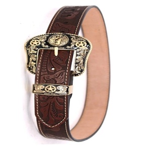 Cinturón Casual de Cuero Grabado Estilo Vaquero Vintage para Hombre, Marrón con Diseño Floral y Hebilla Plateada Grabada - Product Image 5
