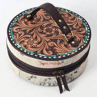 Pochette de soirée circulaire portable pour femme, style estival, en cuir repoussé floral avec fermeture éclair supérieure
