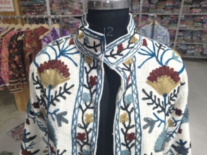 Beige Embroidered Velvet Women's Jacket Regular Winter Coat Handmade Woven Cotton Boho Stripe Linen Lining - Product Image 4