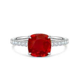 Bague de fiançailles en or massif 14 carats avec rubis taille coussin et double halo caché, faite à la main, bijoux fins personnalisés pour mariage - Product Image 1