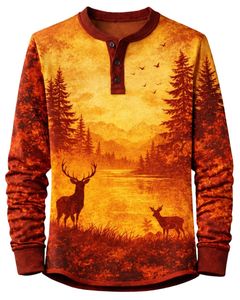 Camisa Henley con estampado de paisaje para hombre, color naranja y rojo atardecer, manga larga, cierre de botones, estilo casual para exteriores, top ligero y moderno - Product Image 1