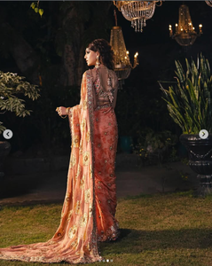 Sari en soie corail élégant pour femme, tenue de mariage traditionnelle indienne et pakistanaise, longueur ras du sol, coupe classique, toutes saisons - Product Image 2