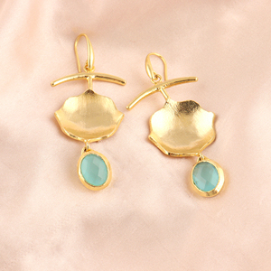 18K gold plated unique dangle drop <b>earrings</b> aqua chalcedony briolette oval stone handmade brass <b>hook</b> closure bezel set jewelry - Product Image 6