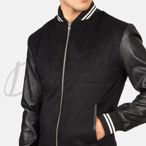 Veste varsity en laine noire pour homme avec manches en cuir véritable et poignets côtelés rayés, veste bomber premium de style Letterman - Product Image 1