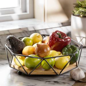 Corbeille à fruits en métal noir avec base en bois, bol à fruits décoratif, organisateur de rangement pour comptoir de cuisine, table à manger, décoration intérieure - Product Image 4