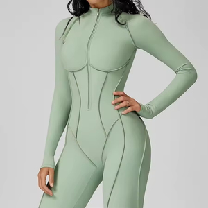 Women's Mint <b>Green</b> Full Zip Long Sleeve Bodysuit Turtleneck Knitted Spandex Polyester Sexy Club Wear Breathable Fit - Product Image 1