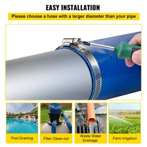 Tubo di scarico piatto in PVC per impieghi gravosi da 2 pollici x 105 piedi, resistente alle intemperie e anti-rottura, per giardino e controlavaggio, morsetto incluso - Product Image 6