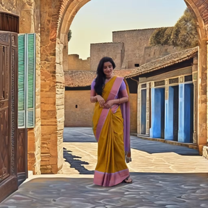 Sari Tradicional de Algodón y Seda Suave en Amarillo Mostaza con Borde Pastel en Contraste, Sin Arrugas, Protección Solar, Ropa Étnica para Mujer, para Bodas - Product Image 1