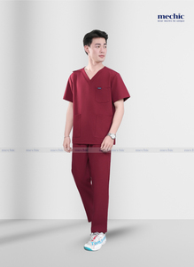 Men's Maroon Scrub Set V-Neck Short Sleeve Hospital Uniform Woven Polyester rayon Pants Included - Product Image 2
