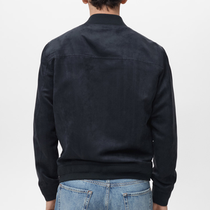 Men's Navy <b>Suede</b> Bomber <b>Jacket</b> Stand Collar Zipper Closure Casual Regular Fit Autumn Wear - Product Image 2
