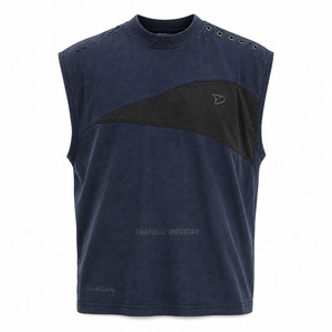 T-shirt sans manches pour homme, coupe oversize et carrée, style streetwear, en jersey de coton bleu encre délavé, avec empiècement poitrine en ripstop noir - Product Image 3