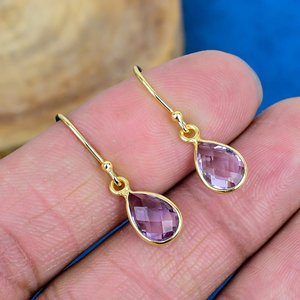 Natural Purple Amethyst Pear Shape Gemstone Teardrop Earring Handmade 18k Micron Gold Over 925 <b>Sterling</b> <b>Silver</b> Finish - Product Image 1