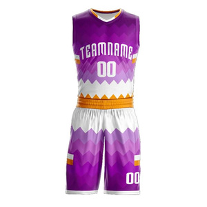 Custom Sublimated Basketball Uniforms Teamname Purple <b>White</b> Orange Geometric Pattern Moisture Wicking Athletic Fit Unisex - Product Image 1
