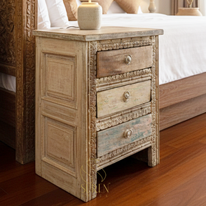 Indian Designer Hand Carved Indian Style Multicolored Resort Crafted <b>Bedside</b> <b>Cabinet</b> - Product Image 1