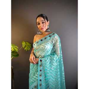 Sari de tela bordada de diseñador con trabajo de hilo de aluminio - Product Image 5