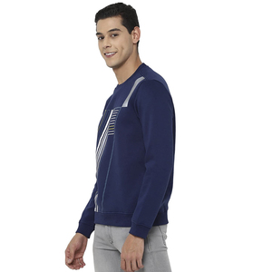 Sweat-shirt unisexe à col rond en molleton tricoté uni, coupe classique, décontracté, bleu marine, manches classiques, 100% coton - Product Image 2